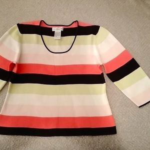 Sag Harbor Womens X-Large 3/4 Sleeve Striped Knit Top Pink Black White Green